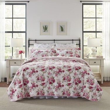 Laura Ashley  King Quilt Set Reversible Cotton Bedding with Matching Shams Lightweight Home Decor for All Seasons Lidia Pink King