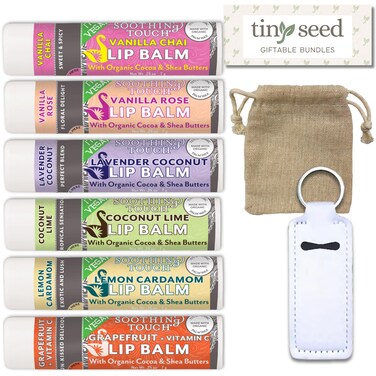Vegan Lip Balm Set  Pack of 6 Soothing Touch Lip Balms Includes Muslin Pouch and Lip Balm Holder White Lavender Coconut Vanilla Chai Vanilla Rose Coconut Lime Lemon Cardamom Grapefruit