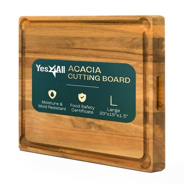 Yes4All Durable Acacia Cutting Boards for Kitchen 20Lx15Wx15 Thick Large Edge Grain Cutting Board Pre Oiled Wood Cutting Boards Thick Chopping Board wJuice Grooves and Easy Grip Handle