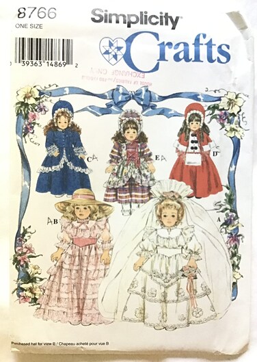 Simplicity Sewing Pattern 8766 Dresses for 16 and 18 Colector Dolls Victorian Colonial
