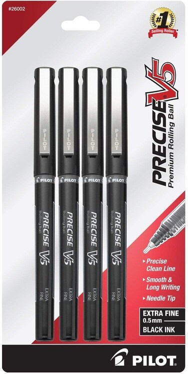 Pilot Precise V5 Capped Liquid Ink Rolling Ball Pens Extra Fine Point 05 mm Black Pack of 4