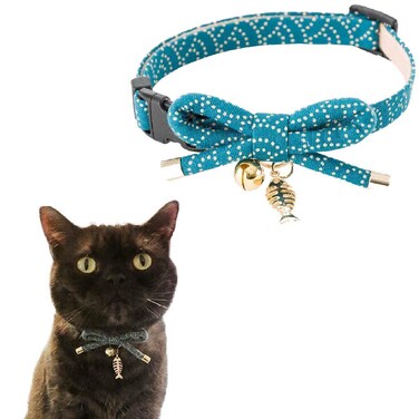Necoichi Zen Fish Charm Cat Collar Blue with Bell Safety Breakaway Soft Lightweight for Cats Kitty Kitten Japanese Stylish Pattern No1 Seller in Japan