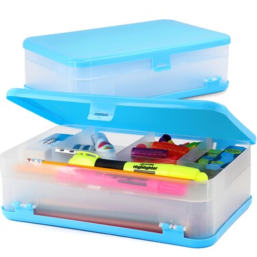 Enday Pencil Box Blue Large Capacity Plastic Double Deck Box with 12 Compartments Plastic Pencil Box with SnapTight Lid Hard Pencil Case Storage Organizer Pencil Boxes