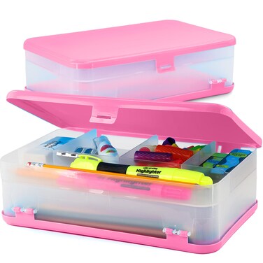 Enday Pencil Box Pink Large Capacity Plastic Double Deck Box with 12 Compartments Plastic Pencil Box with SnapTight Lid Hard Pencil Case Storage Organizer Pencil Boxes