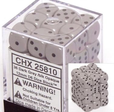 Chessex Dice d6 Sets Opaque Grey  Gray with Black  12mm Six Sided Die 36 Block of Dice