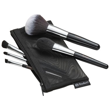 STUDIO17 Travel Makeup Brush Set 5 Pcs Essential Face  Eye Makeup Brush Set  Portable Makeup Brush Set for Travel  Makeup Pouch  Brush Cover Included