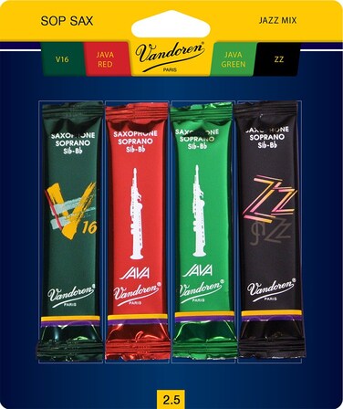 Vandoren SRMIXS25 Soprano Sax Jazz Reed Mix Card includes 1 each ZZ V16 JAVA Green and JAVA Red Strength 25