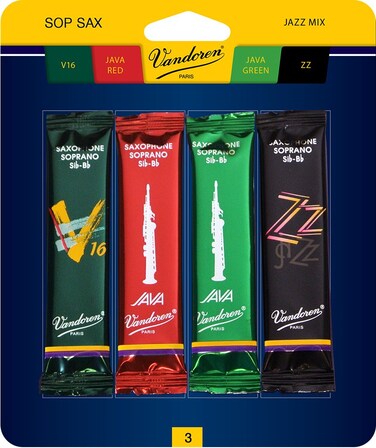 Vandoren SRMIXS3 Soprano Sax Jazz Reed Mix Card includes 1 each ZZ V16 JAVA and JAVA Red Strength 3