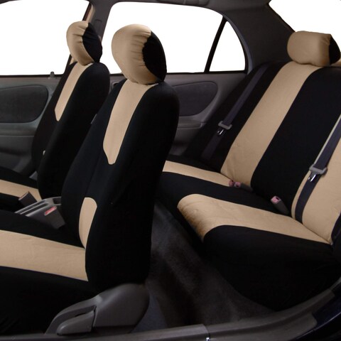 FH Group Car Seat Covers Full Set Cloth  Universal Fit Automotive Seat Covers Low Back Front Seat Covers Solid Back Seat Cover Washable Car Seat Cover for SUV Sedan and Van Beige