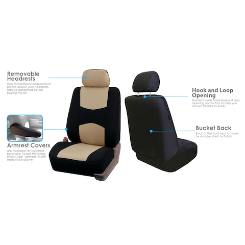 FH Group Car Seat Covers Full Set Cloth  Universal Fit Automotive Seat Covers Low Back Front Seat Covers Solid Back Seat Cover Washable Car Seat Cover for SUV Sedan and Van Beige