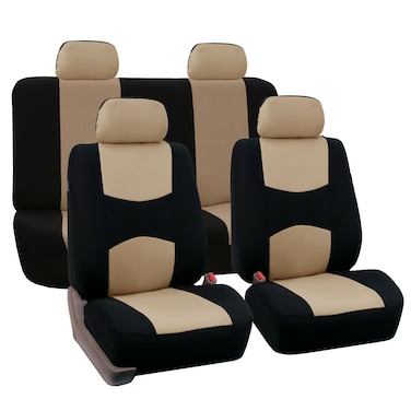 FH Group Car Seat Covers Full Set Cloth  Universal Fit Automotive Seat Covers Low Back Front Seat Covers Solid Back Seat Cover Washable Car Seat Cover for SUV Sedan and Van Beige