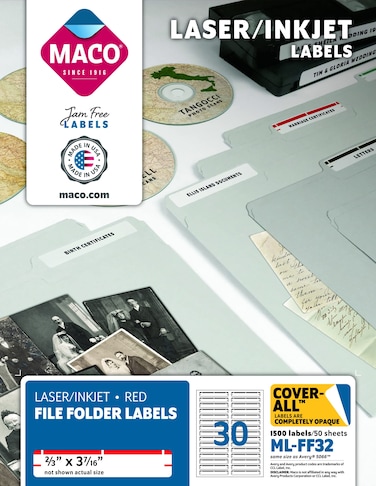 MACO LaserInk Jet Red File Folder Labels 23 x 3716 30 per Sheet 1500 per Box MLFF32