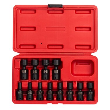 SUNEX TOOLS 1814 14 Inch Drive Universal Impact Socket Set 12Piece Metric 5mm  15mm CrMo Steel Radius Corner Design Chamfered Opening Dual Size Markings Heavy Duty Storage Case