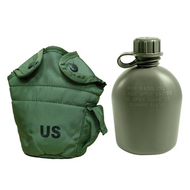 Military Outdoor Clothing Previously Issued US GI 1 Quart Olive Drab Military Canteen Nylon Cover with Never Issued 1 Quart Olive Drab Canteen