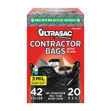 Ultrasac Contractor Bags 42 Gallon 20 PACKw FLAP TIES 3275 x 4453 MIL Thick Large Black Heavy Duty Industrial Garbage Trashbags for Professional Construction and Commercial use