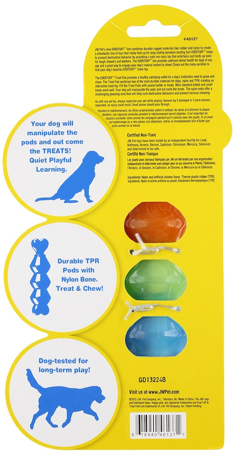 JW Pet EverTuff Treat Pod Nylon Dog Toy Small White Bone with Colored Pods of Orange Green Blue