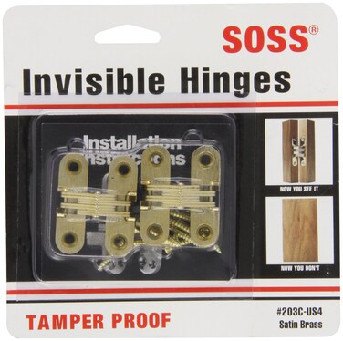 SOSS 203CUS4 Mortise Mount Invisible Hinges with 4 Holes Zinc Satin Brass Finish 134 Leaf Height 12 Leaf Width 2332 Leaf Thickness 6 x 1 Screw Size 1 Pair