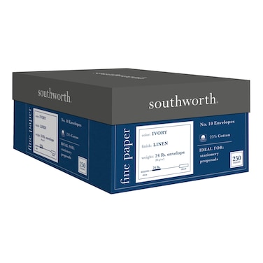 Southworth FSC Certified 55 Recycled 25 Cotton Linen Business Envelopes 10 4 18in x 9 12in 24 Lb Ivory Box Of 250 J56410