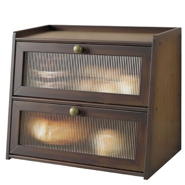 K KELBEL Double Layer Large Bamboo Bread Box for Kitchen Counter Wooden Large Capacity Bread Storage Bin with Window Bread Holder Brown