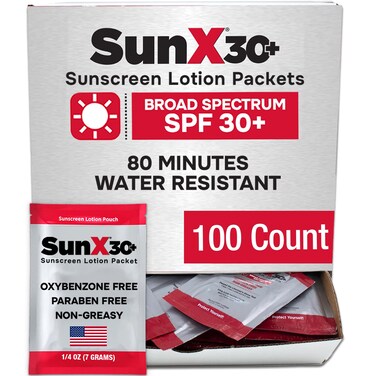 Sun X 30 SPF Individual Sunscreen Packets Travel Size  Pack of 100 Paraben Oxybenzone  White Cast Free Broad Spectrum SPF Sunscreen Packets  Water  Sweat Resistant For Up To 80 Minutes