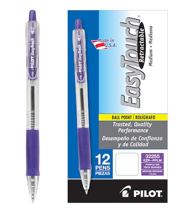 PILOT EasyTouch Refillable  Retractable Ballpoint Pens Medium Point Purple Ink 12Pack 32255