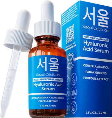 SeoulCeuticals Korean Hyaluronic Acid Serum For Face  High Molecular Weight  Low Molecular Weight Hyaluronic Acid  Centella Serum  Propolis 1oz