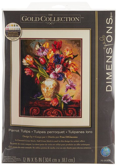 Dimensions Gold Collection Counted Cross Stitch Kit Parrot Tulips 14 Count Black Aida 12 x 15