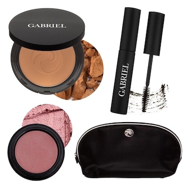 Gabriel Cosmetics About Face Set Dual Powder Foundation Deep Beige 3in1 Multi Pot Florentina Mascara Black and Gabriel Makeup Bag Deep Beige SET