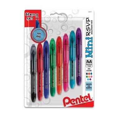 Pentel RSVP Mini Ballpoint Pen 10mm Medium Line Assorted Ink ABCDFPSV wKey Ring 8Pk BK91MNBP8M