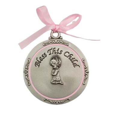 Bless this child crib medal Girl Crib Medal pink ribbon Round 2 34 great gift baby shower by McVan Inc