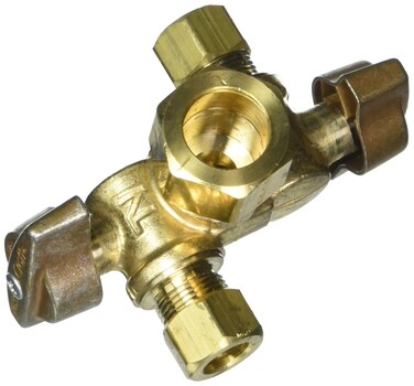 BrassCraft KTCR1901DVX R 12 Nom Comp Inlet x 38 OD Comp x 38 OD Comp Dual Outlet Dual ShutOff 14Turn Angle Ball Valve