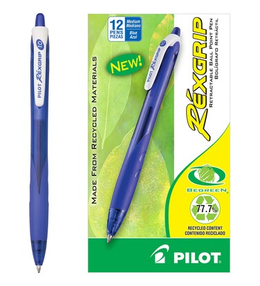 Pilot RexGrip BeGreen Refillable  Retractable Ballpoint Pens Medium Point Blue Ink 12Pack 32371
