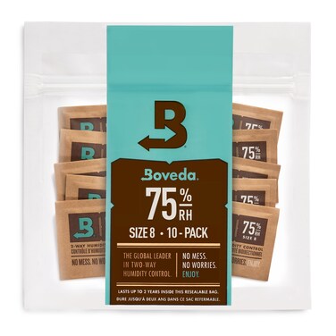 Boveda 75 TwoWay Humidity Control Packs For Storing Up to 5 Items  Size 8  10 Pack  For Small NonPlastic Travel Cases  Moisture Absorbers  Humidifier Packs in Resealable Bag