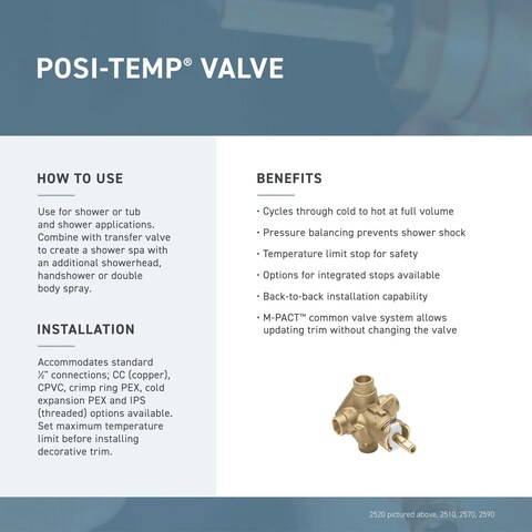 Moen Brass PosiTemp Pressure Balancing Tub and Shower Valve Four Port Cycle Valve with Standard 12Inch IPS Connections 2510