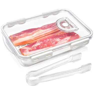 Bacon Container for Refrigerator Airtight Thick Plastic Deli Meat Keeper with Lids for Fridge Kitchen Cold Cuts Food Storage Organizer Bacon Holder Cheese Saver with Serving Tongs and Drain Plate