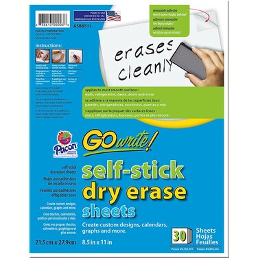 GoWrite PACASB8511 SelfAdhesive Dry Erase Sheets White 812 x 11 30 Sheets