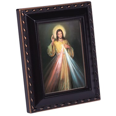 Cottage Garden Divine Mercy Painting of Jesus Black Rope Trim 2 x 3 Tiny Frame with Magnet and Easel