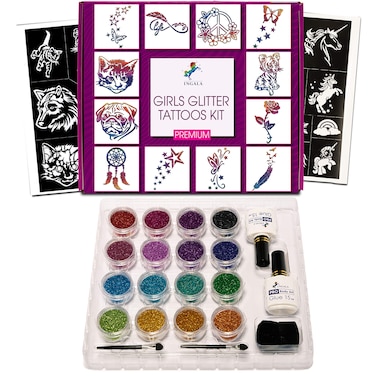 INGALA PREMIUM Temporary Glitter Tattoos Kit for Girls  74 Premium Glitter Tattoos Stencils 2 X 15ml Premium Body Glue 16 X 5g Stunning Glitters for Girls Teenage and Woman For Girls