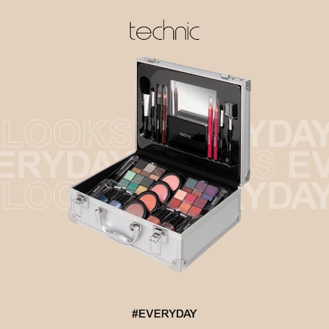 Technic 28 Pcs Carry All Full Make Up Kit In a Trunk Train Case Including Makeup Brushes Eye Shadows Nail Polish Blushers Lipsticks and More