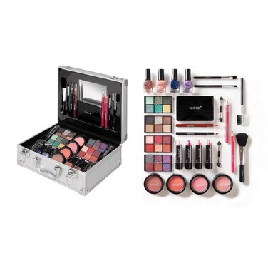 Technic 28 Pcs Carry All Full Make Up Kit In a Trunk Train Case Including Makeup Brushes Eye Shadows Nail Polish Blushers Lipsticks and More