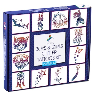 INGALA PREMIUM Glitter Tattoo Kit for Boys and Girls  Unique Professional Glitter Tattoos for Kids and Adults  74 Amazing Glitter Tattoo Stencils  2 XL 05fl oz Glitter Tattoo Glue By Ingala