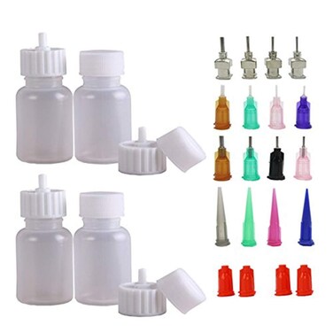 XMASIR Multi Purpose Precision Applicator Set 1 Oz Henna Bottles Kit with Caps and Needle Tips Sizes 4 Bottles 16 Tips