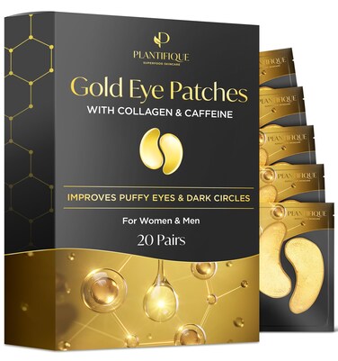 PLANTIFIQUEGold Under Eye Patches for Puffy Eyes and Dark Circles 20 Pairs Under Eye Masks for Dark Circles and Puffiness Eye Gels with Collagen  Caffeine Anti Aging Gold Eye Mask Skincare