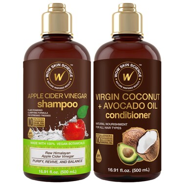 WOW Skin Science Apple Cider Vinegar Shampoo  Conditioner Set with Coconut  Avocado Oil  Men and Women Gentle Shampoo Set  Hair Growth Shampoo for Thinning Hair  Loss  Sulfate  Paraben Free