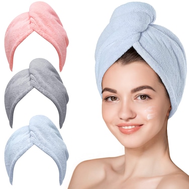 Hicober Microfiber Hair Towel 3 Packs Hair Turbans for Wet Hair Drying Hair Wrap Towels for Curly Hair Women Anti Frizz BlueGreyPink