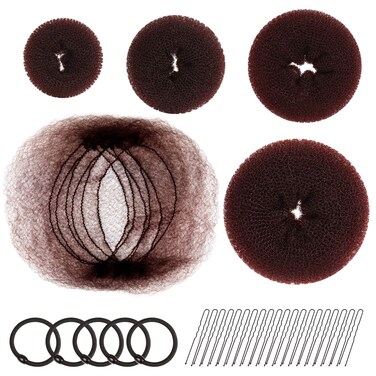 FANDAMEI Hair Accessory Set 20 Invisible Nets 4 Donut Makers 5 Elastics 20 Bobby Pins Brown