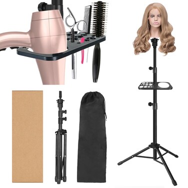 50 Inch Metal Wig Stand Adjustable Wig Head Stand Mannequin Head Stand for Cosmetology Hairdressing Wig Stand Tripod with Tool Tray Black Mannequin Head Not Included