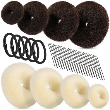 FANDAMEI Hair Donut Bun Makers Set  4 Dark Brown  4 Beige 2 ExtraLarge 2 Large 2 Medium 2 Small 5 Elastic Bands 20 Hair Pins