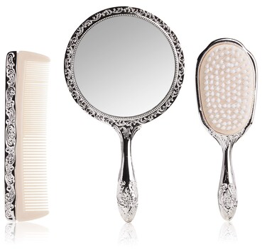 3 pc Silver Chrome Girls Vanity Set Comb Brush Mirror