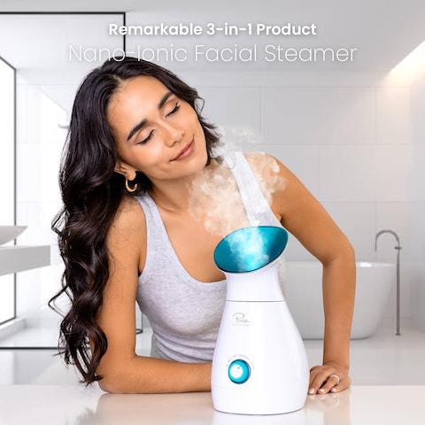 NanoSteamer Large 3in1 Nano Ionic Facial Steamer with Precise Temp Control  Humidifier  Unclogs Pores  Blackheads  Spa Quality  Bonus 5 Piece Stainless Steel Skin Kit Teal